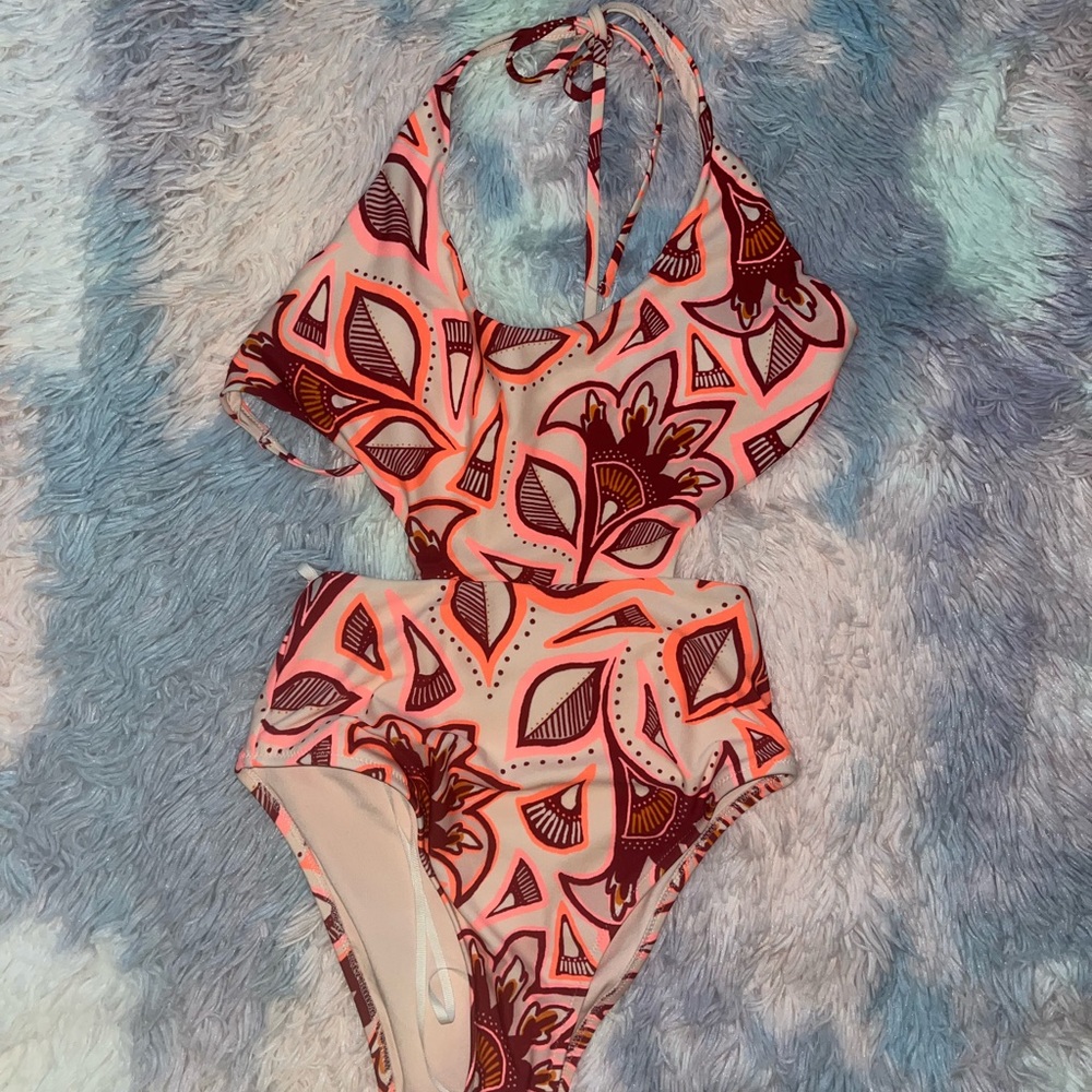 Aerie Neon Orange & Maroon One Piece Swimsuit